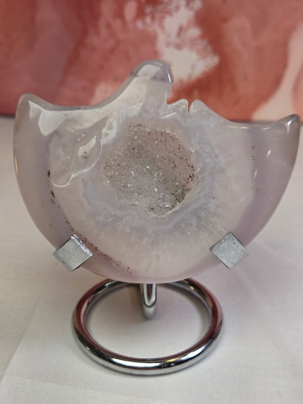 Pink And White Agate Geode Decorative Moon Face Sculpture with Stand